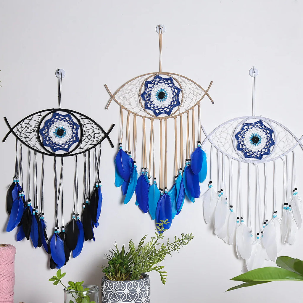 Attrape-Rêves Œil Bleu – Mauvais Œil Brodé et Plumes Bleues, Décoration Murale Bohème, 3 Modèles