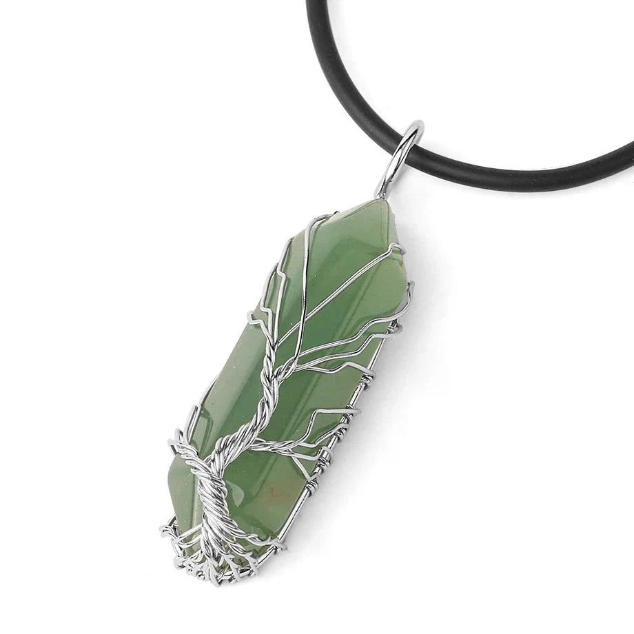 Collier Pointe Hexagonale en Pierre Naturelle – Arbre de Vie en Fil Argenté, sur Chaîne ou Cordon