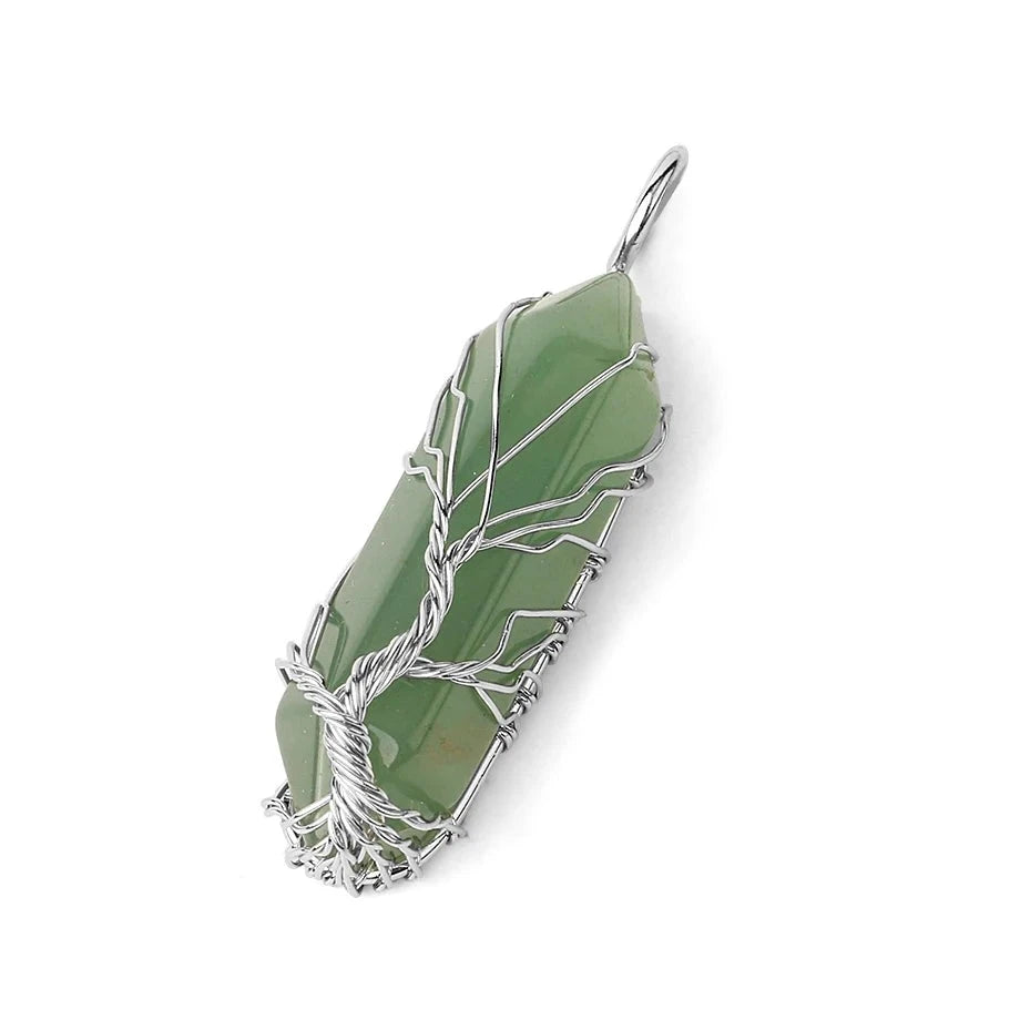 Collier Pointe Hexagonale en Pierre Naturelle – Arbre de Vie en Fil Argenté, sur Chaîne ou Cordon