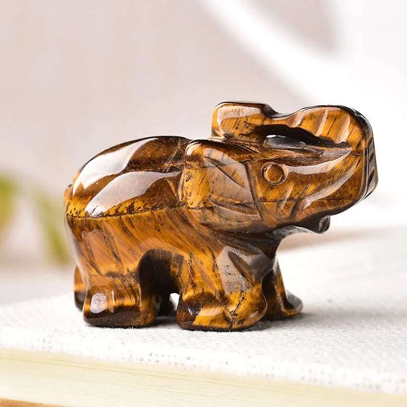Éléphant en Pierre Naturelle Sculptée – Quartz Rose, Améthyste, Obsidienne, Œil de Tigre…
