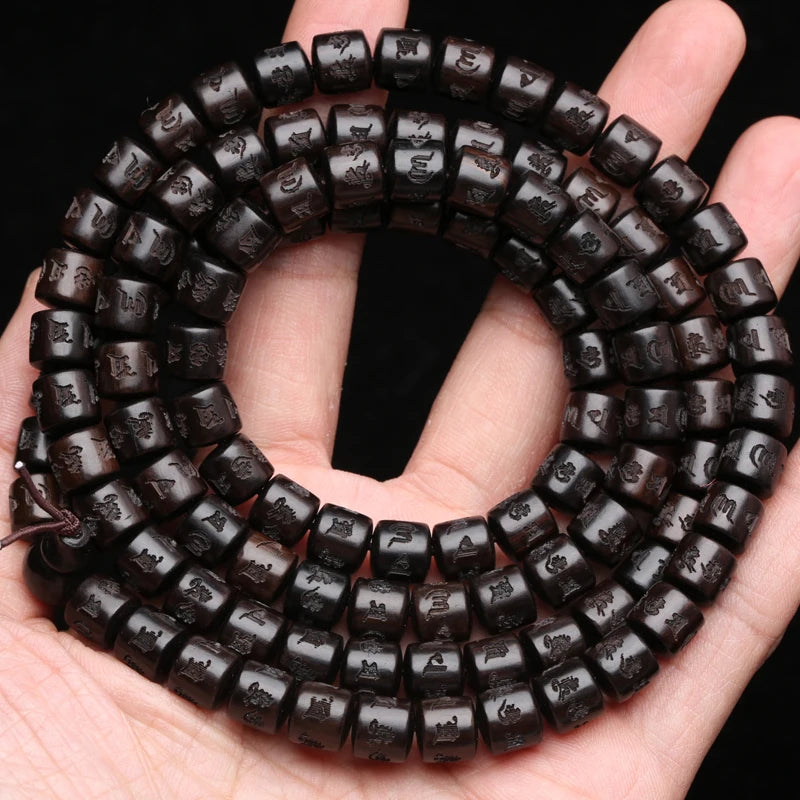 Mala Tibétain 108 Perles en Ébène Naturel – Perles Gravées, Rondes ou Tonneau, Collier ou Bracelet