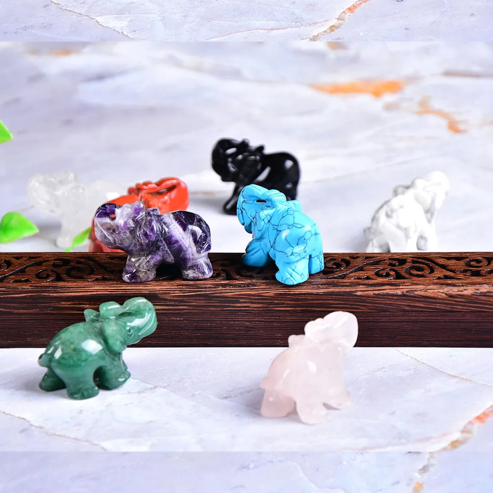 Éléphant en Pierre Naturelle Sculptée – Quartz Rose, Améthyste, Obsidienne, Œil de Tigre…