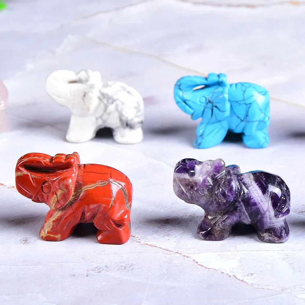 Éléphant en Pierre Naturelle Sculptée – Quartz Rose, Améthyste, Obsidienne, Œil de Tigre…