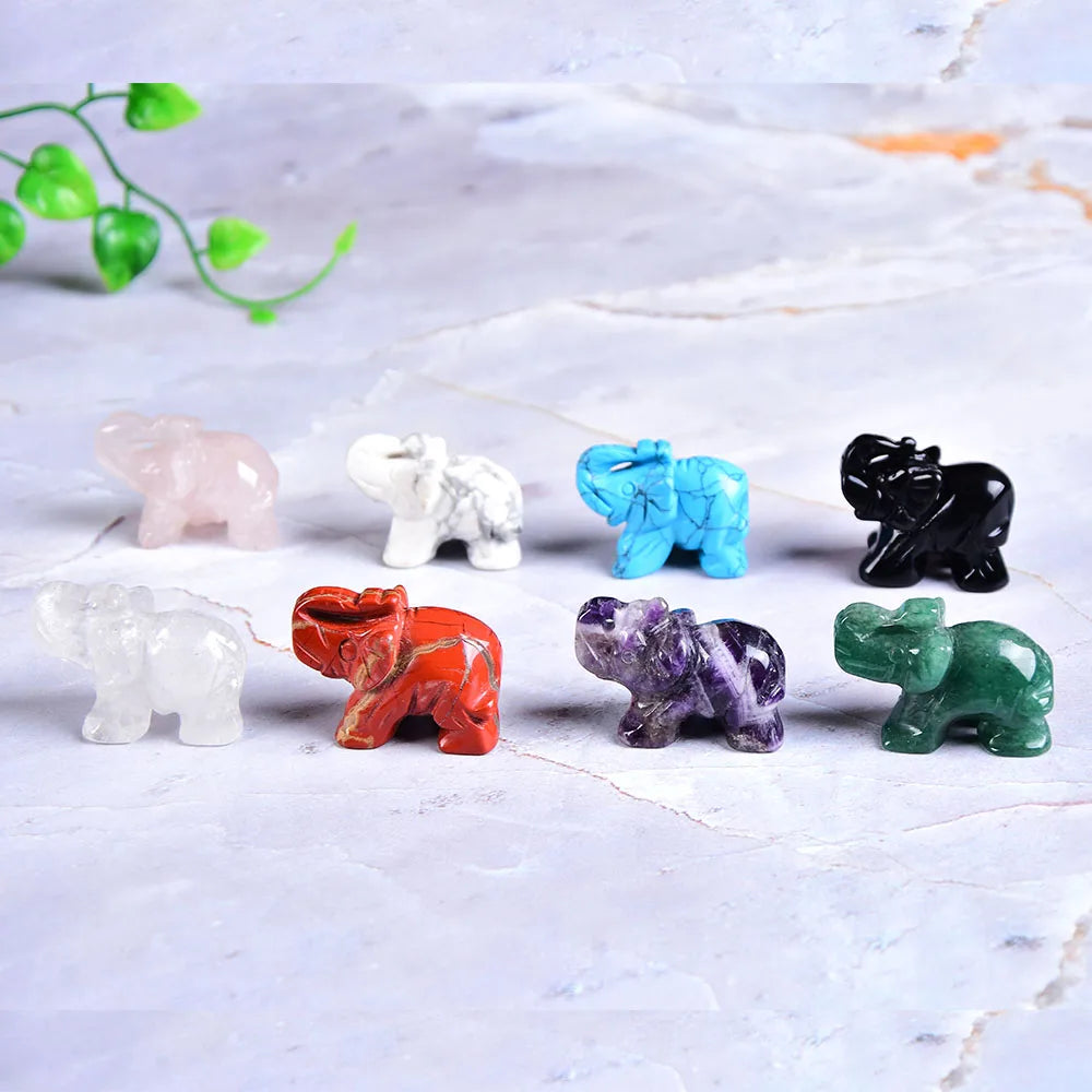 Éléphant en Pierre Naturelle Sculptée – Quartz Rose, Améthyste, Obsidienne, Œil de Tigre…