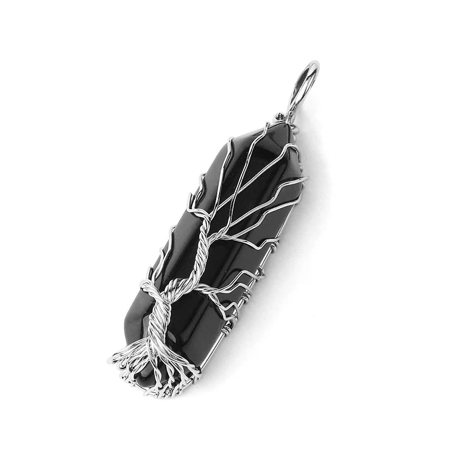 Collier Pointe Hexagonale en Pierre Naturelle – Arbre de Vie en Fil Argenté, sur Chaîne ou Cordon