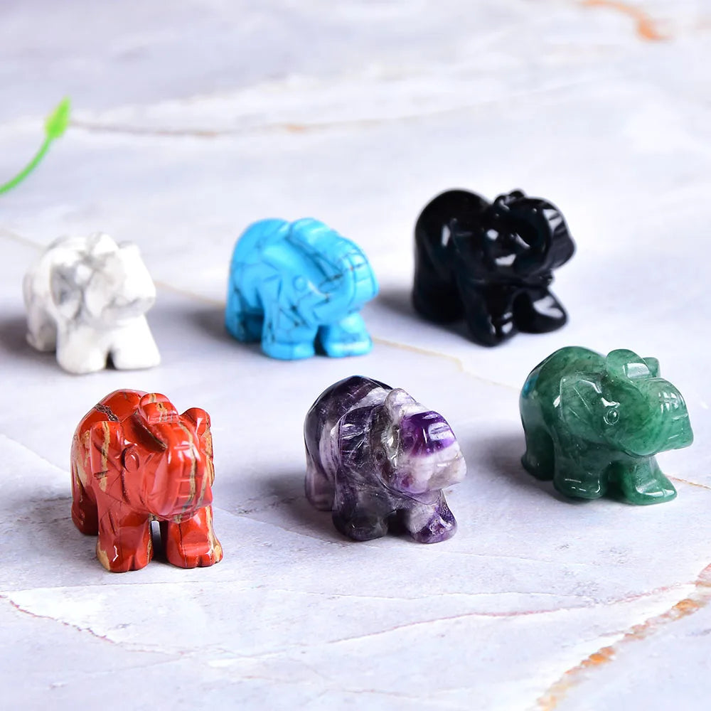Éléphant en Pierre Naturelle Sculptée – Quartz Rose, Améthyste, Obsidienne, Œil de Tigre…