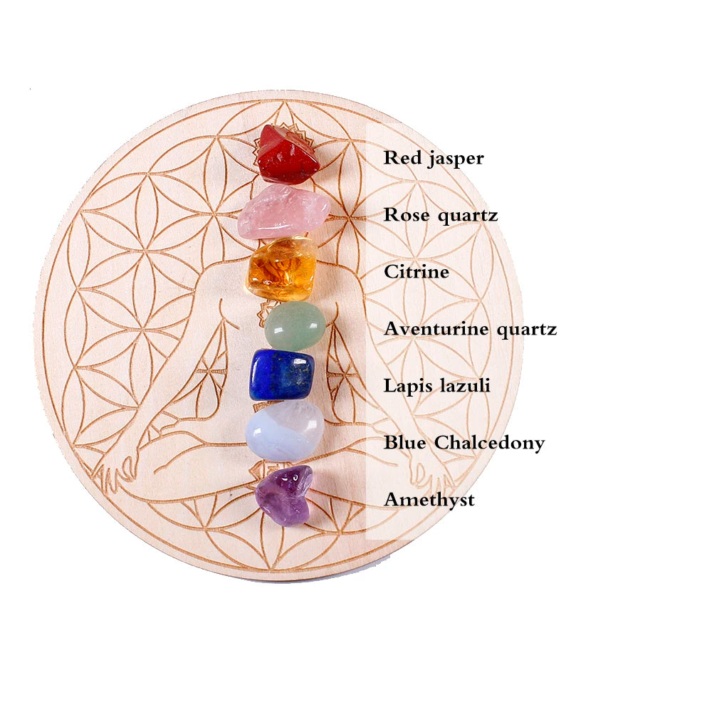 Plateau 7 Chakras en Bois Gravé avec 7 Pierres Naturelles – Fleur de Vie ou Silhouette Méditante