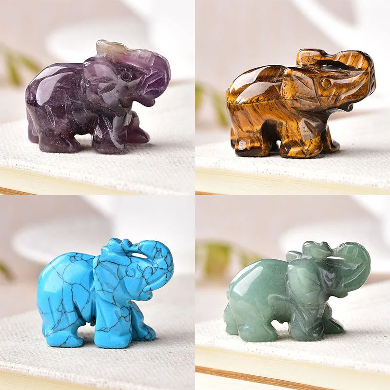 Éléphant en Pierre Naturelle Sculptée – Quartz Rose, Améthyste, Obsidienne, Œil de Tigre…
