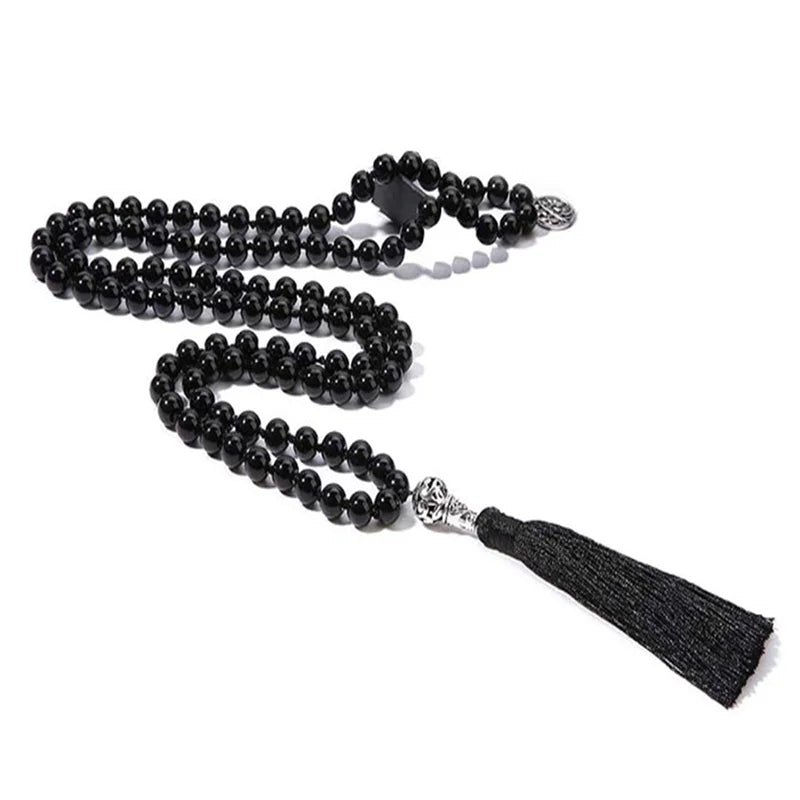 Mala 108 Perles Onyx Noir 8 mm – Collier de Méditation à Pompon, Pendentif Arbre de Vie