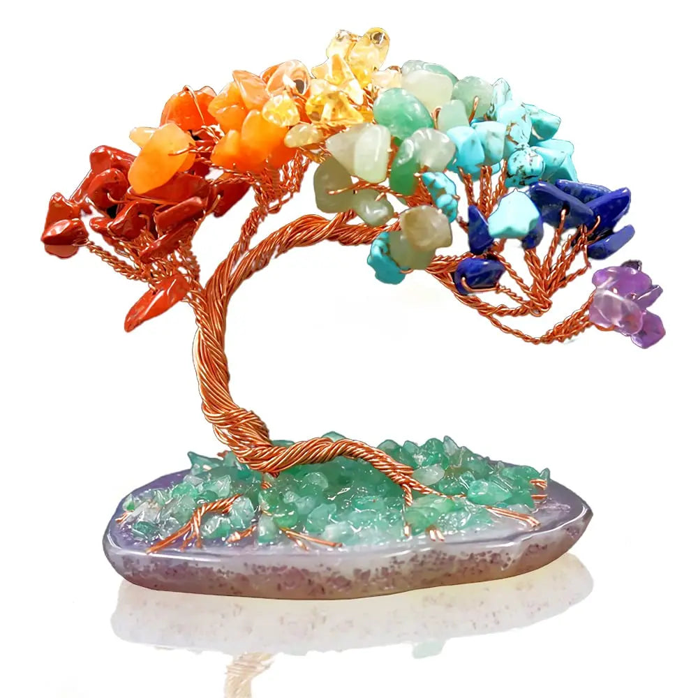 Arbre de Fortune 7 Chakras – Pierres Roulées sur Base en Agate, Fil de Cuivre, Décoration Feng Shui