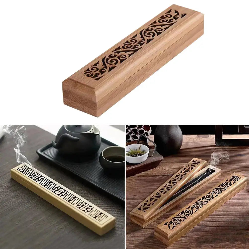 Boîte à Encens en Bambou Ajouré 23,5 cm – Brûleur d'Encens Couché avec Couvercle Sculpté, Récupère les Cendres, Décoration Zen, Idée Cadeau
