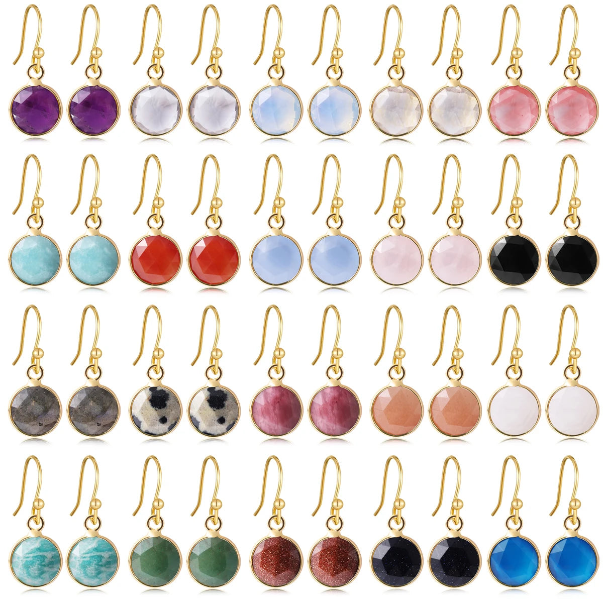 Boucles d'Oreilles Rondes en Pierre Naturelle Facettée – Crochets Acier Doré, 17 Pierres au Choix