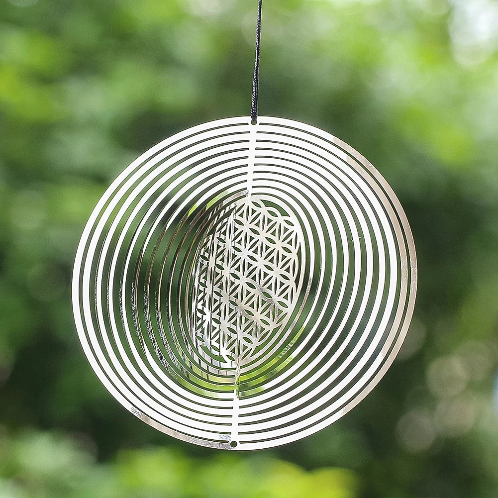 Mobile Fleur de Vie 3D en Acier – Spirale Rotative Miroir 10 cm, Déco de Fenêtre et Jardin