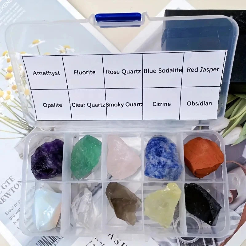 Coffret de 10 Pierres Brutes et Minéraux – Améthyste, Fluorite, Citrine, Quartz Rose… avec Boîte
