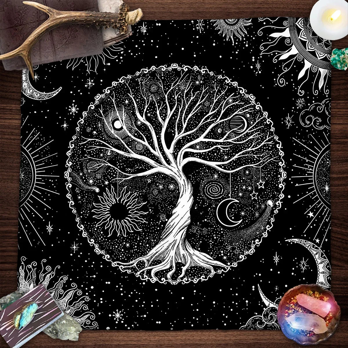 Nappe de Tarot Arbre de Vie en Velours – 15 Motifs : Arbre Doré, Phases de Lune, 50 ou 75 cm
