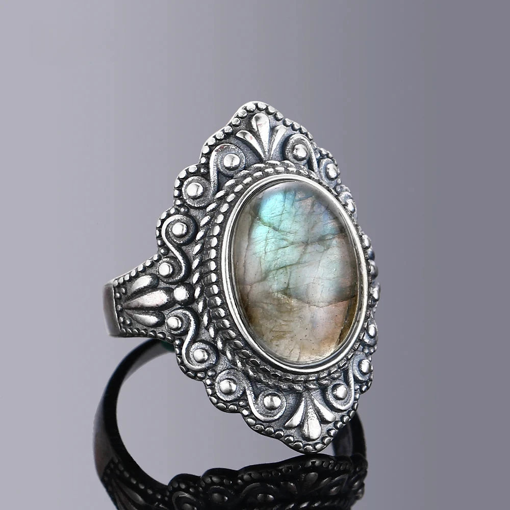 Bague Vintage Ovale en Pierre Naturelle – Labradorite, Pierre de Lune ou Lapis-Lazuli, Monture Ciselée