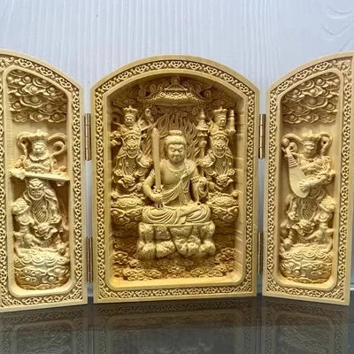 Triptyque Bouddhiste en Bois Sculpté – Autel Portable Pliant à 3 Volets, 11 Modèles