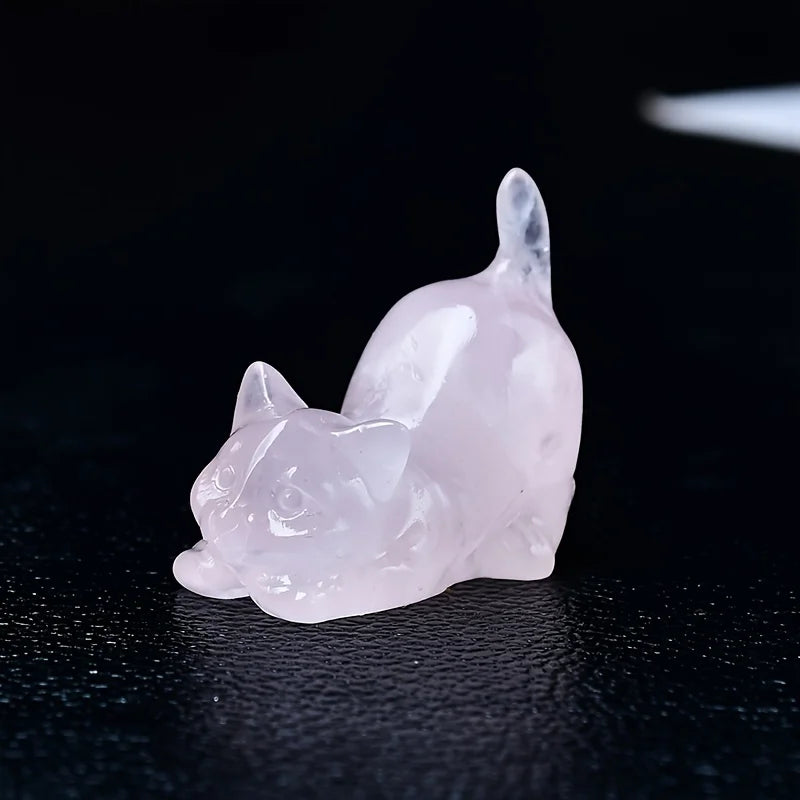 Chat Sculpté en Pierre Naturelle 3,5 cm – Petite Figurine en Quartz Rose, Aventurine, Obsidienne ou Labradorite