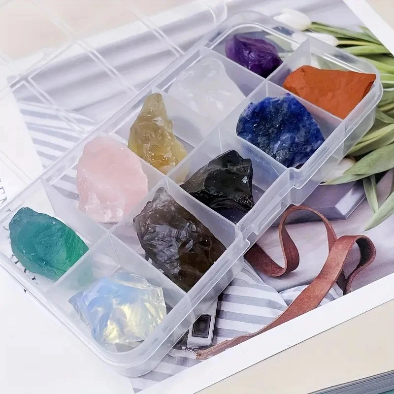 Coffret de 10 Pierres Brutes et Minéraux – Améthyste, Fluorite, Citrine, Quartz Rose… avec Boîte