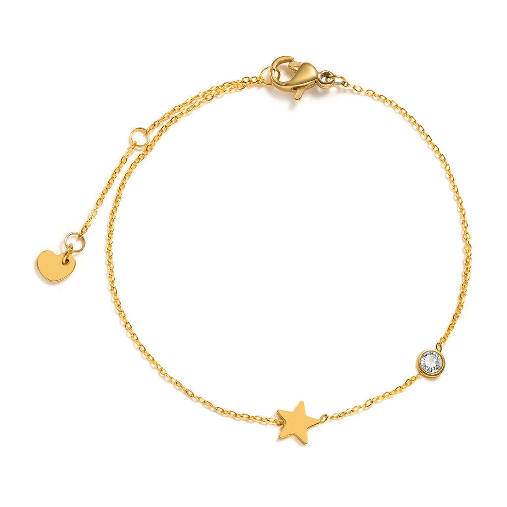 Bracelet Fin en Acier Inoxydable Doré Femme – Breloque Lune, Soleil, Étoile, Cœur, Croix ou Arbre de Vie, Chaîne Réglable 16 à 19,5 cm, Minimaliste, Idée Cadeau