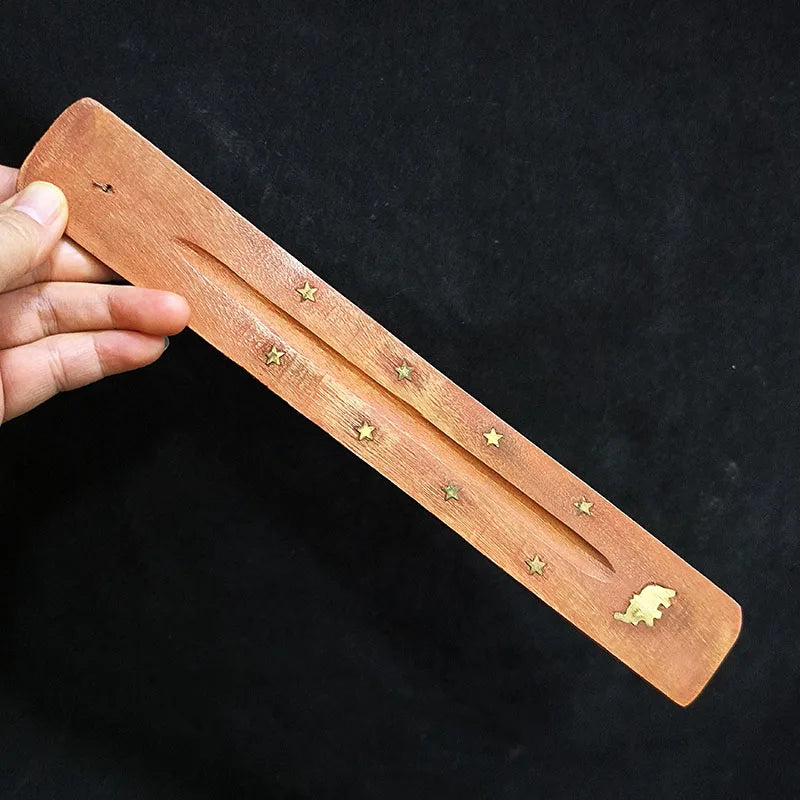 Porte-Encens en Bois à Incrustations Dorées – Planchette pour Bâtonnets d'Encens, Motif Éléphant ou Bouddha et Étoiles, Décoration Zen