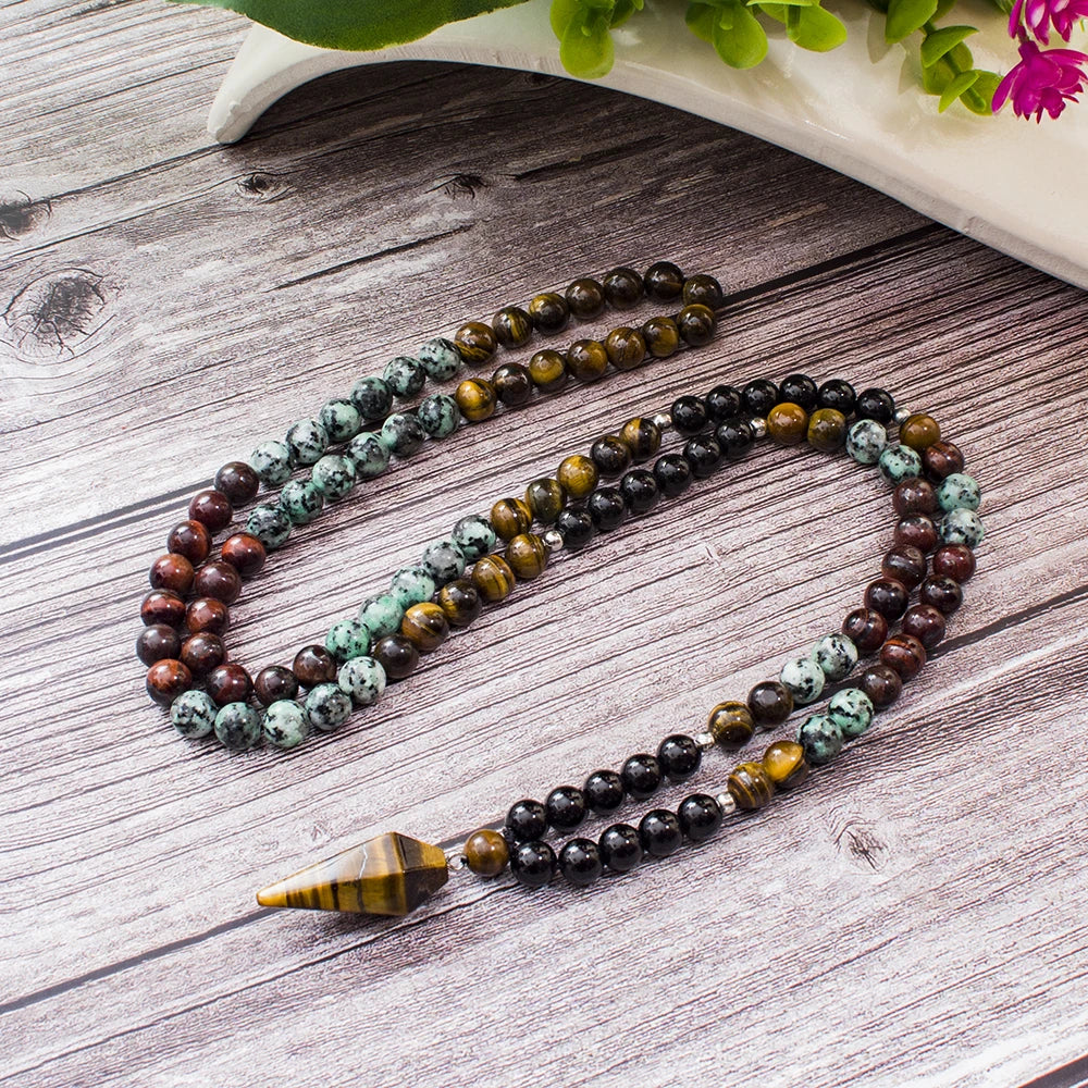 Mala 108 Perles Onyx Noir et Turquoise Africaine 8 mm – Pendentif Pointe Œil de Tigre, avec ou sans Bracelet