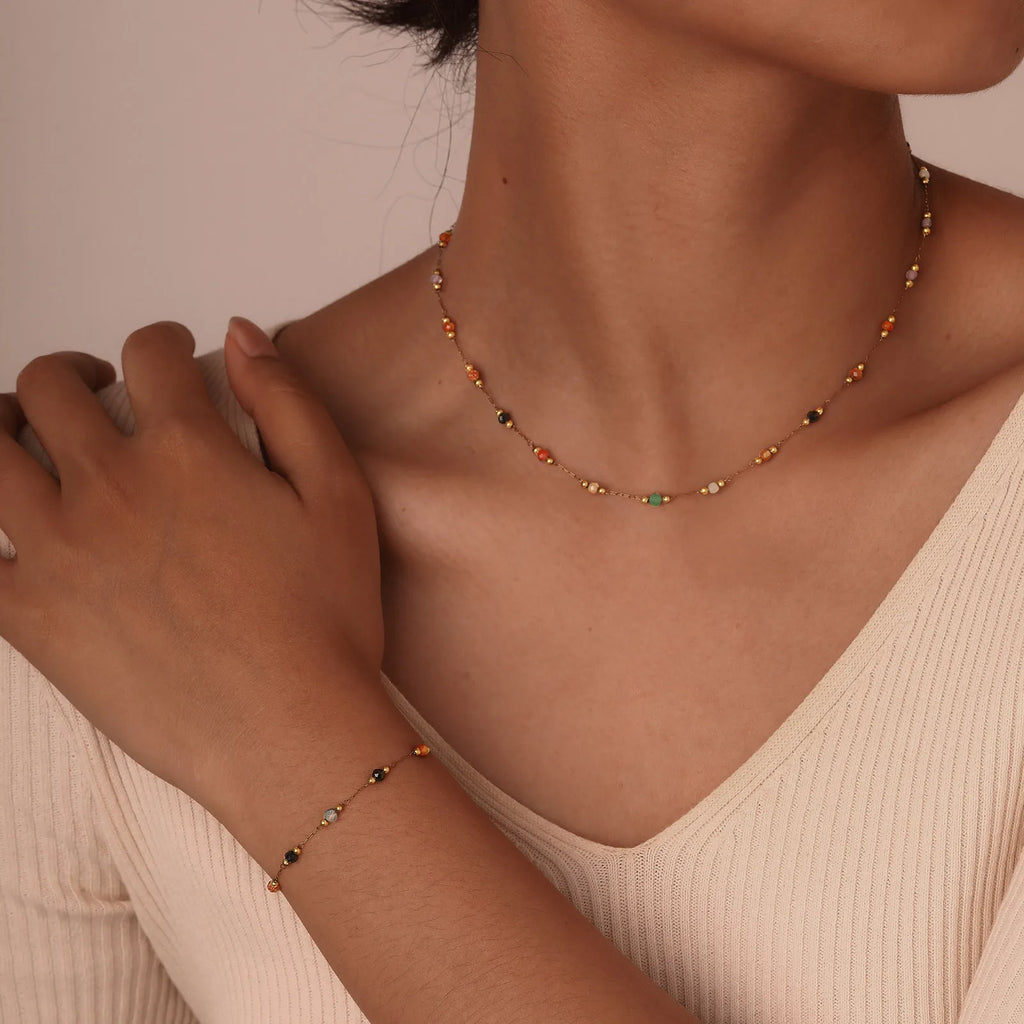 Chaîne Fine Perles de Pierres Naturelles – Collier, Bracelet ou Chevillère, Acier Doré 18 Carats