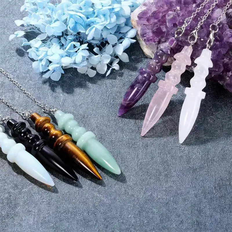Pendule Thot Égyptien en Pierre Naturelle Sculptée – Obsidienne, Améthyste, 7 Chakras… 11 Pierres