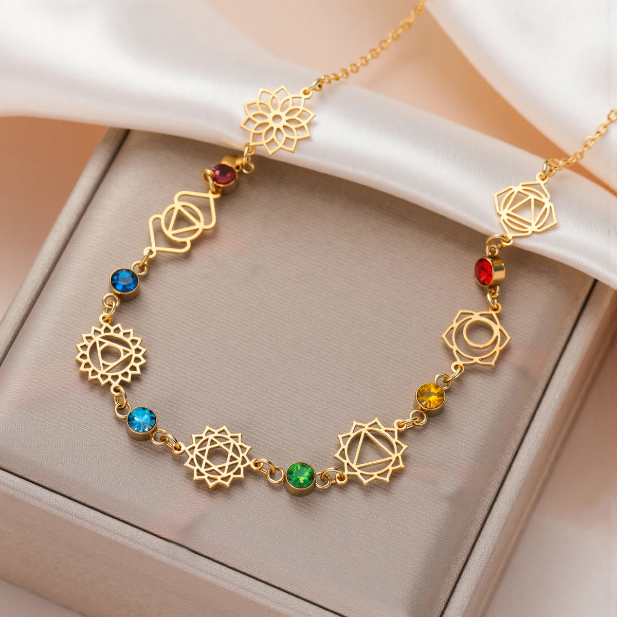 Collier 7 Chakras en Acier Inoxydable – Symboles des Chakras et Perles, Doré ou Argenté, 3 Modèles