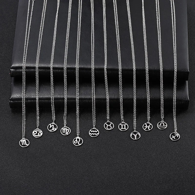 Collier Signe du Zodiaque en Acier Inoxydable Femme et Homme – Pendentif Rond Ajouré, 12 Signes Astrologiques, Argenté, Bijou Astro, Idée Cadeau