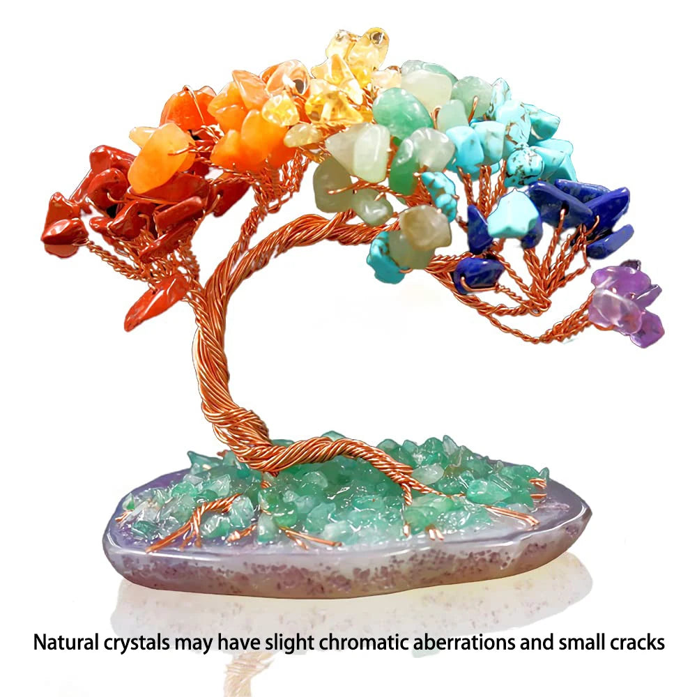 Arbre de Fortune 7 Chakras – Pierres Roulées sur Base en Agate, Fil de Cuivre, Décoration Feng Shui