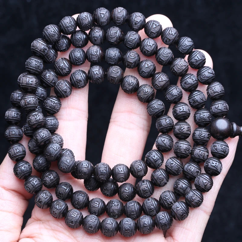 Mala Tibétain 108 Perles en Ébène Naturel – Perles Gravées, Rondes ou Tonneau, Collier ou Bracelet
