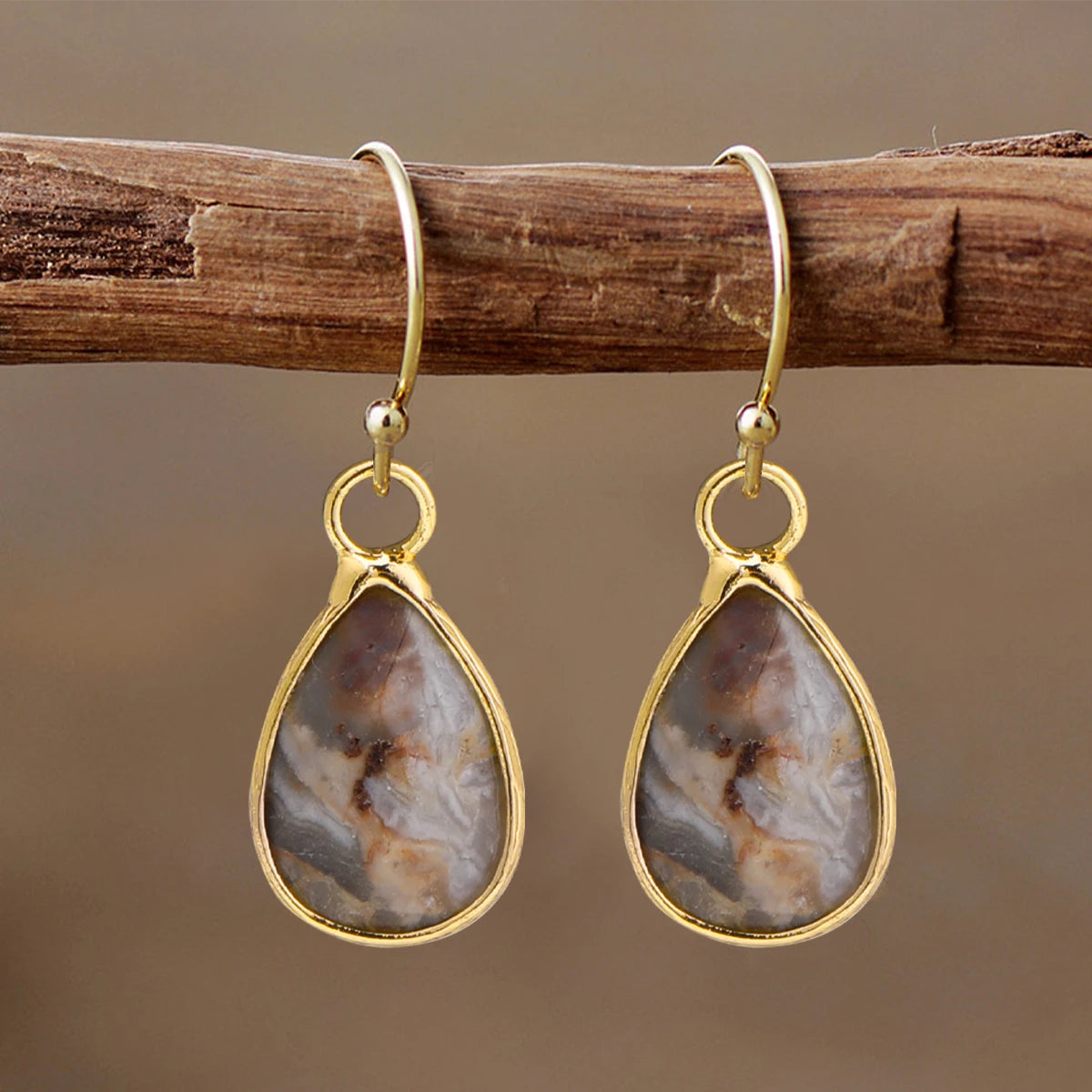 Boucles d'Oreilles Gouttes en Pierre Naturelle – Labradorite, Améthyste, Amazonite…, Doré ou Argenté