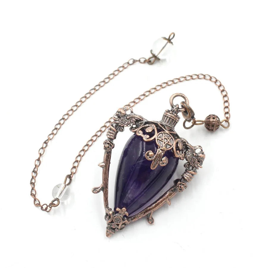 Grand Pendule Vintage en Pierre Naturelle – Cœur Serti Monture Cuivrée, Obsidienne, Améthyste, Labradorite…