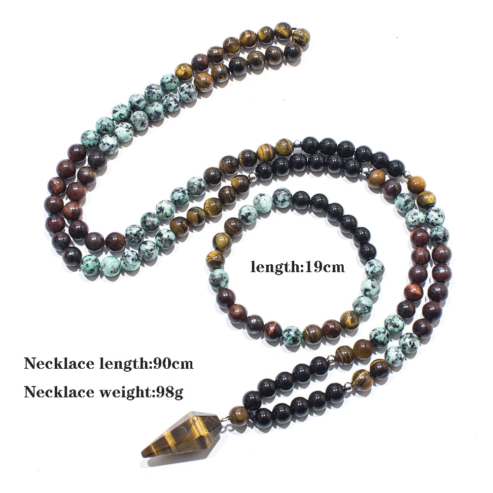 Mala 108 Perles Onyx Noir et Turquoise Africaine 8 mm – Pendentif Pointe Œil de Tigre, avec ou sans Bracelet