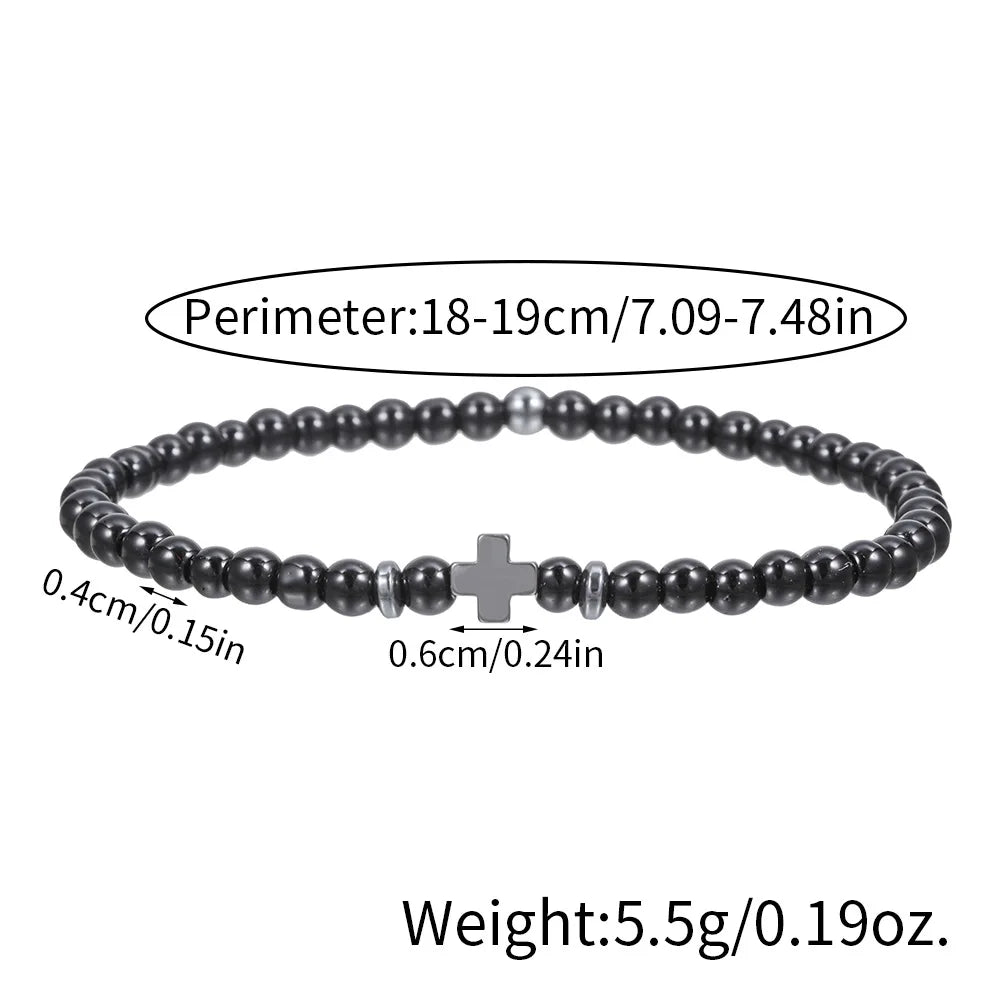 Bracelet Homme Fin Perles 4 mm et Croix – Onyx Mat, Lapis-Lazuli, Lave ou Jaspe Paysage
