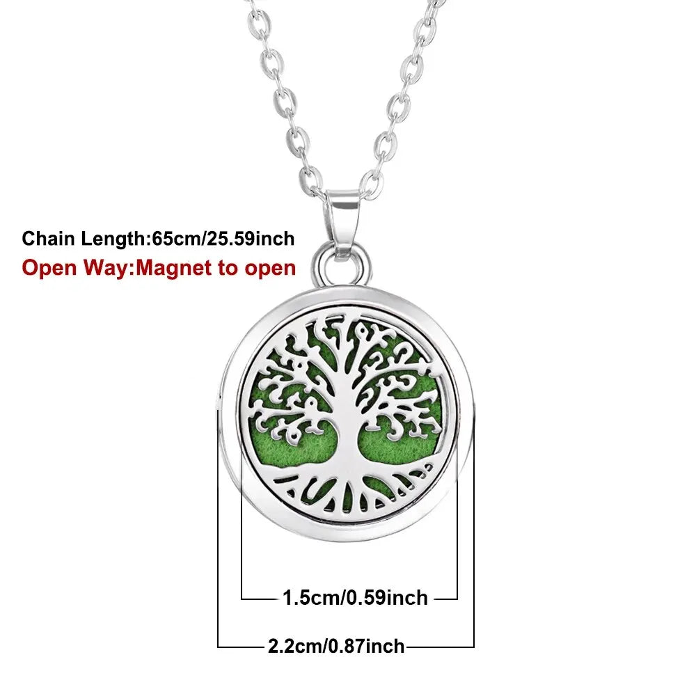 Collier Diffuseur d'Huiles Essentielles en Acier – Médaillon Arbre de Vie, Lotus, Fleur de Vie, 15 Motifs