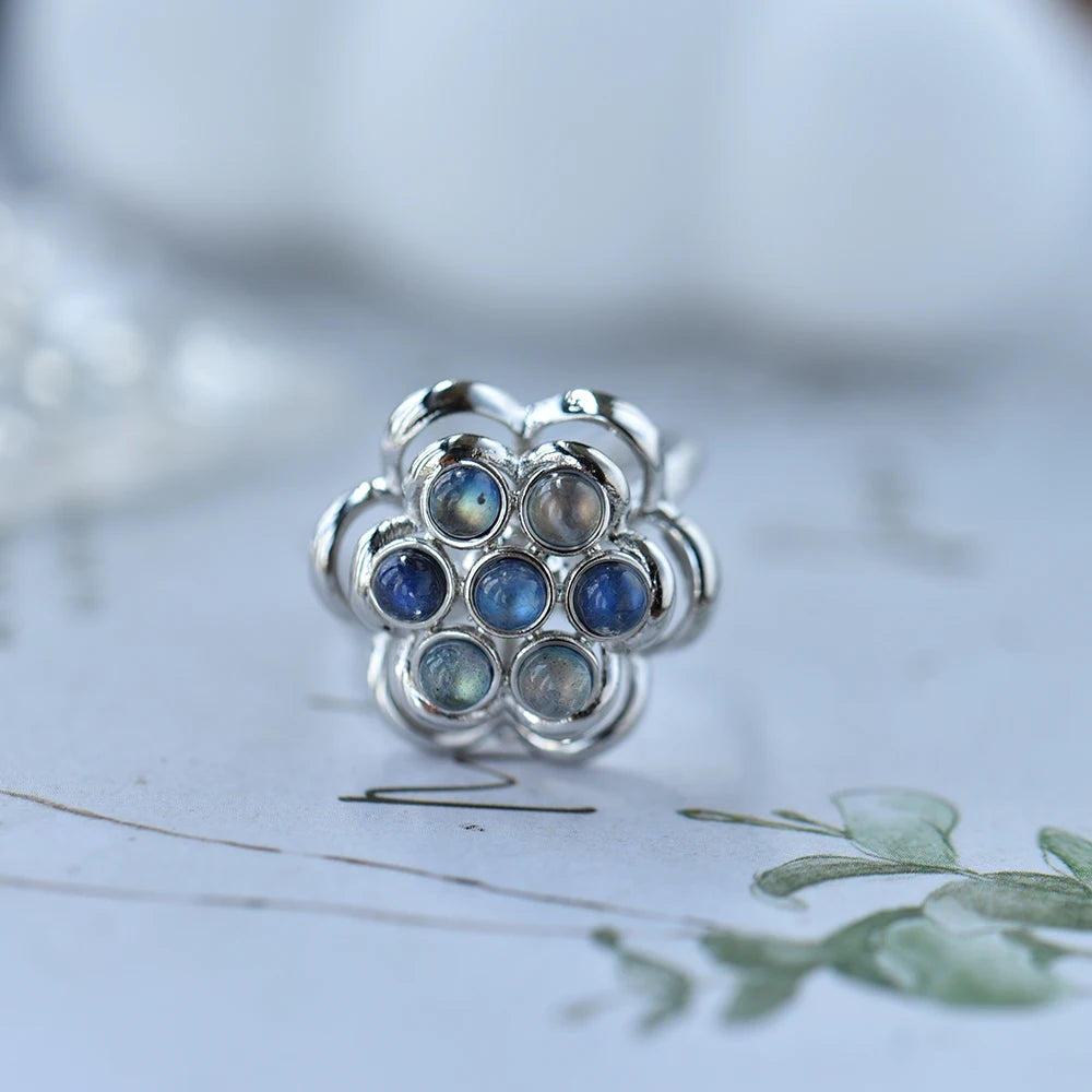 Bague Rotative Fleur en Labradorite – Bague Anti-Stress Ajustable ou Collier Assorti