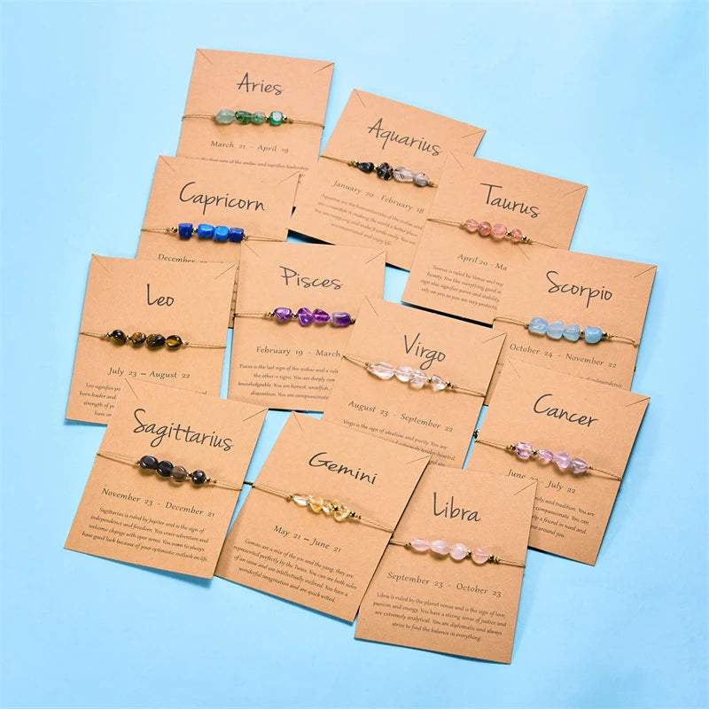 Bracelet Signe du Zodiaque en Pierres Naturelles – Cordon Réglable sur Carte Astro, 12 Signes