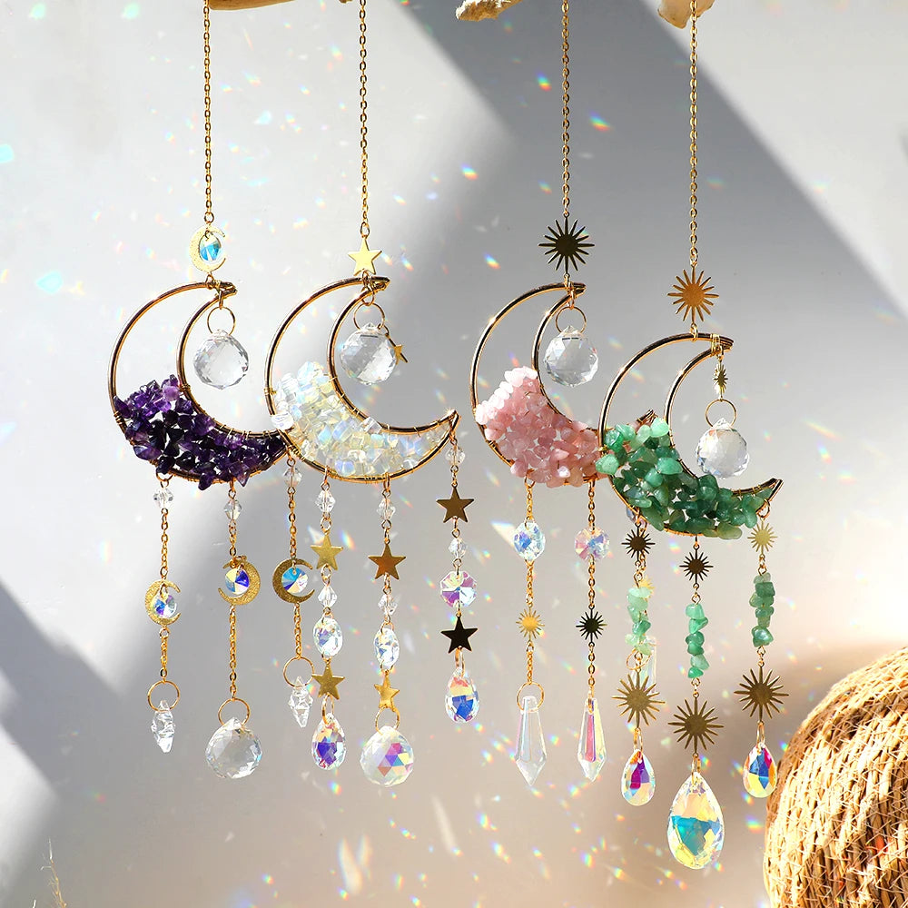 Attrape-Soleil Lune en Cristal – Suspension Arc-en-Ciel avec Éclats de Pierres et Prismes, 17 Modèles