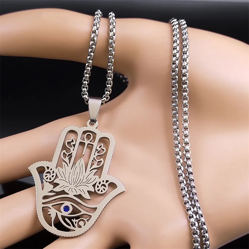 Collier Main de Fatma et Ankh en Acier Inoxydable – Lotus et Œil d'Horus, Doré ou Argenté, Unisexe