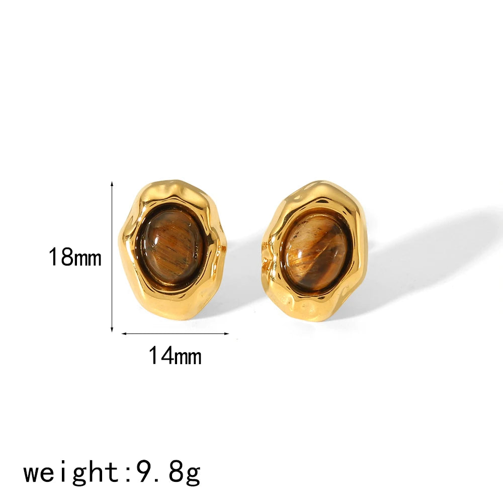 Boucles d'Oreilles Puces Œil de Tigre en Acier Inoxydable – Monture Torsadée, Doré ou Argenté