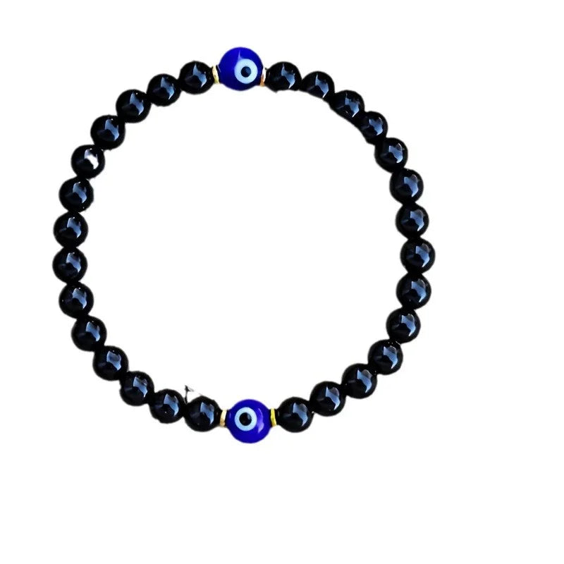 Bracelet Tourmaline Noire et Œil Turc – Perles 6 mm, Élastique, 19,5 cm, Unisexe