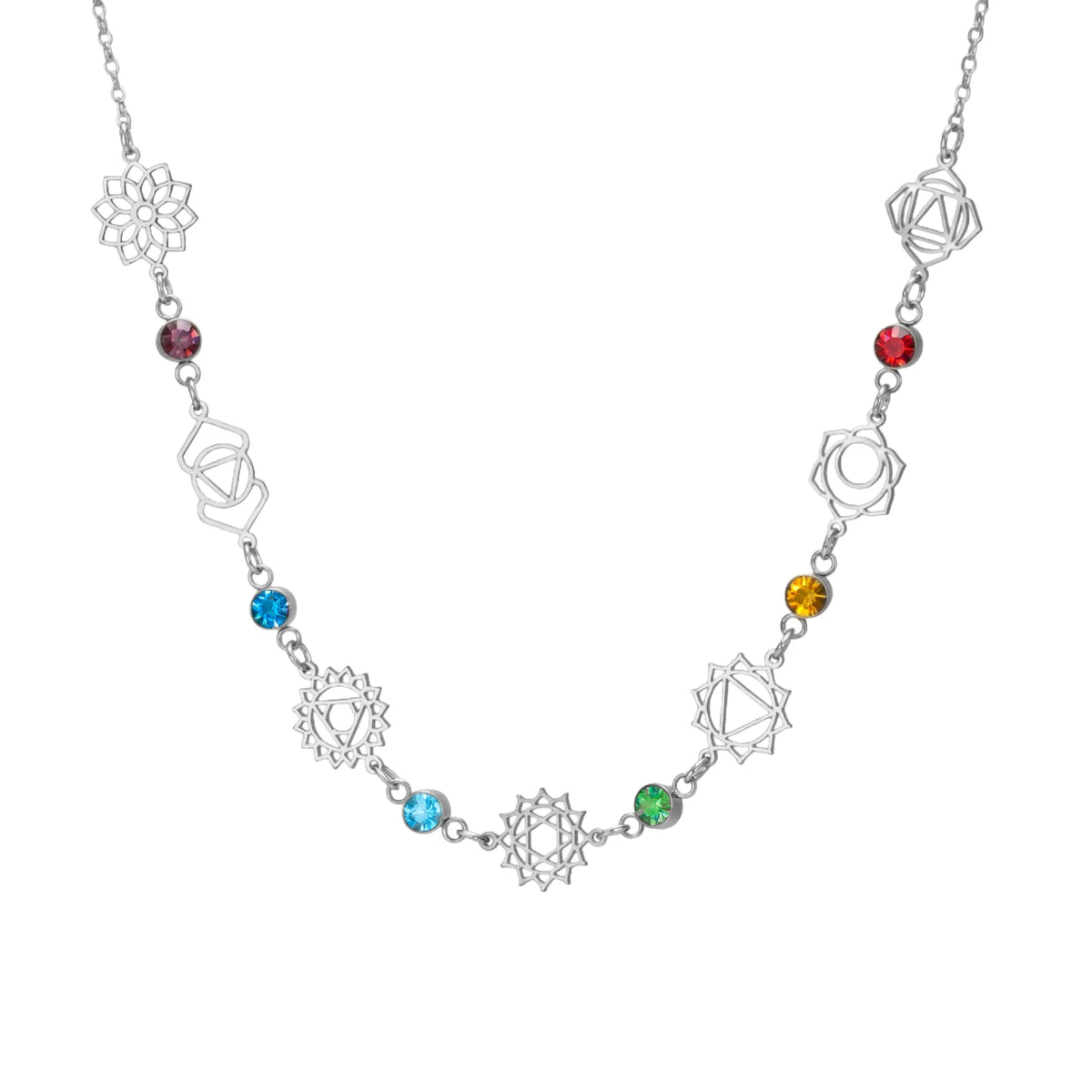 Collier 7 Chakras en Acier Inoxydable – Symboles des Chakras et Perles, Doré ou Argenté, 3 Modèles