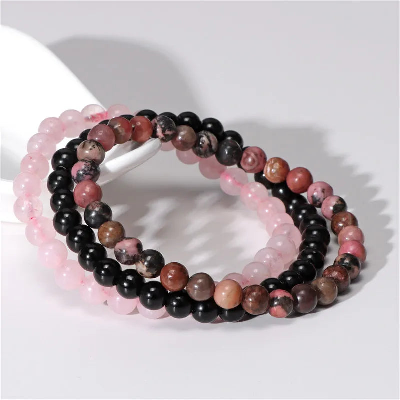 Lot de 3 Bracelets Rhodonite, Onyx Noir et Quartz Rose Femme – Perles Naturelles 8 mm, Élastiques, Bracelets Pierre Naturelle, Idée Cadeau