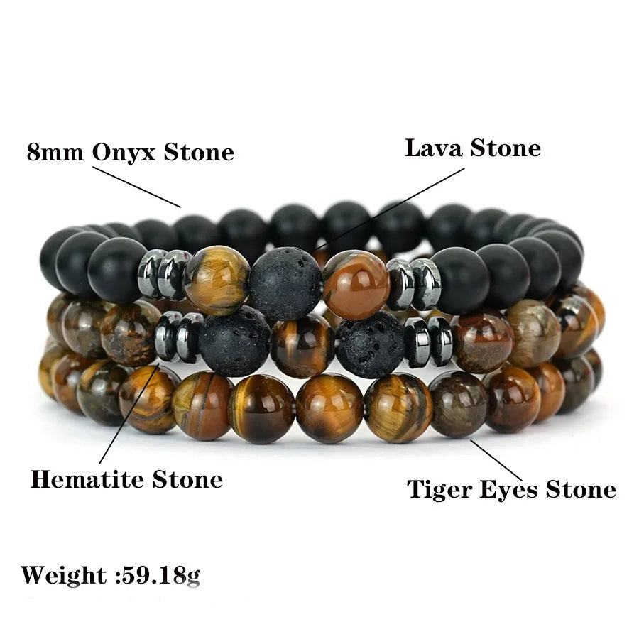 Lot de 3 Bracelets Homme en Pierres Naturelles – Œil de Tigre, Pierre de Lave et Onyx Mat