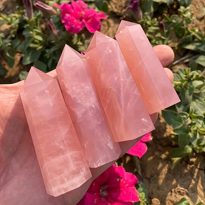 Pointe de Quartz Rose Naturel – Tour Polie à 6 Faces, de 4 à 16 cm
