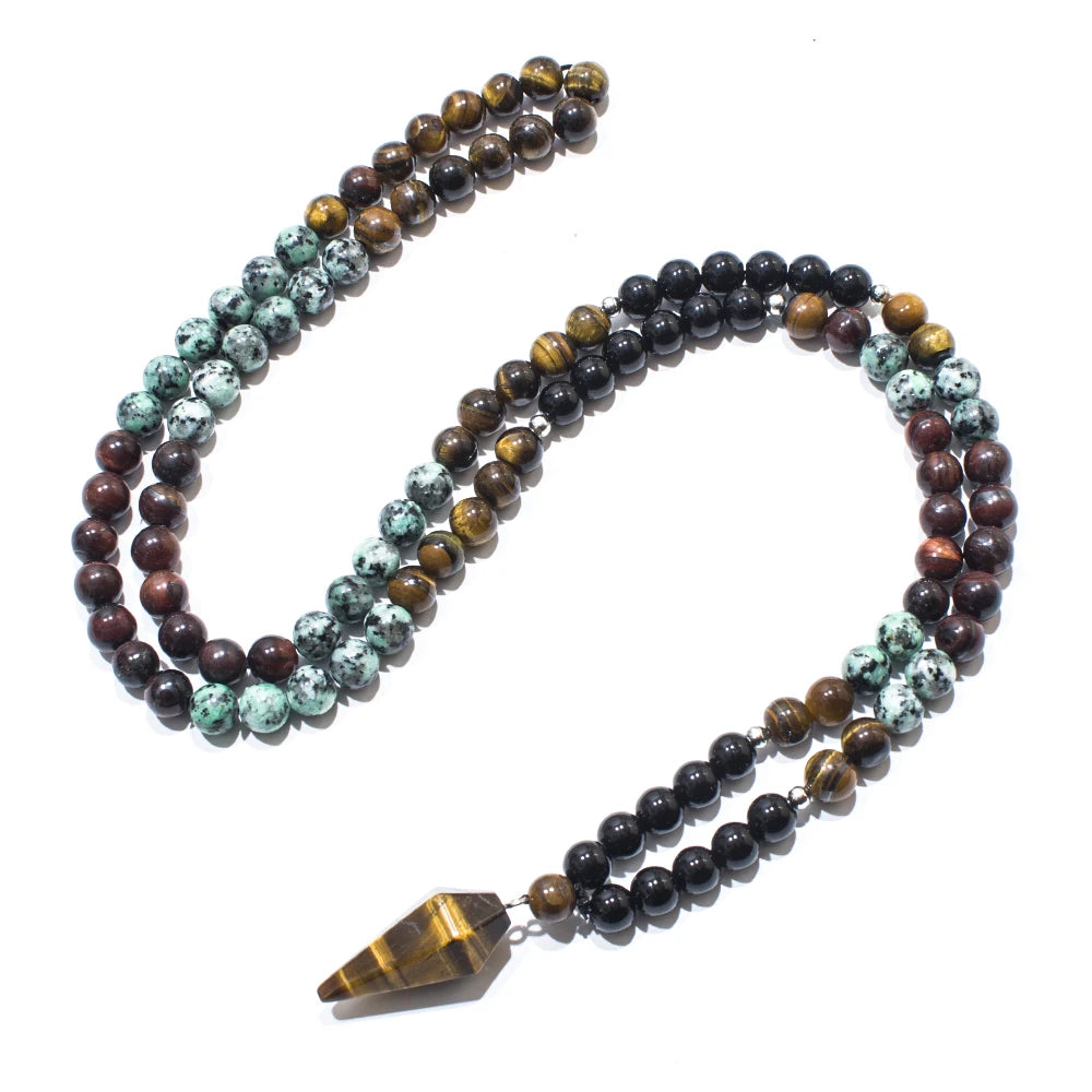 Mala 108 Perles Onyx Noir et Turquoise Africaine 8 mm – Pendentif Pointe Œil de Tigre, avec ou sans Bracelet