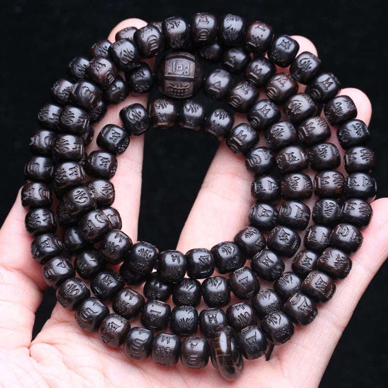 Mala Tibétain 108 Perles en Ébène Naturel – Perles Gravées, Rondes ou Tonneau, Collier ou Bracelet