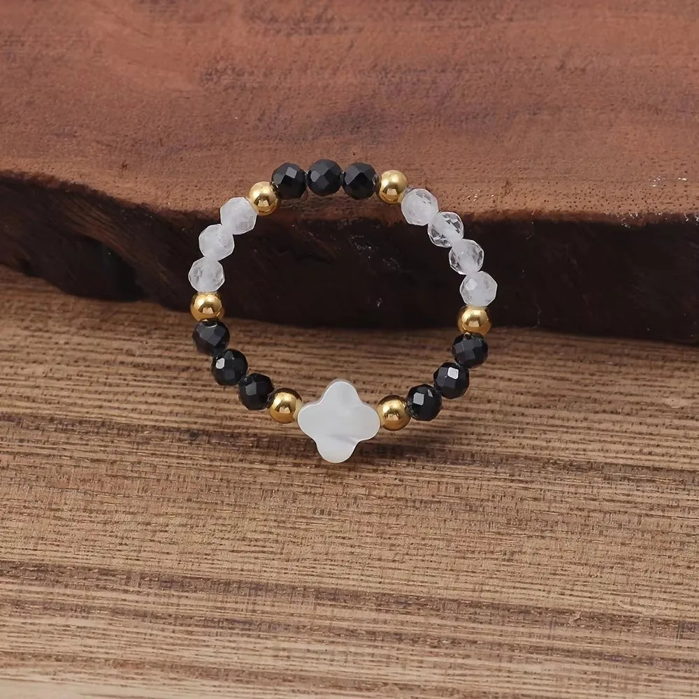 Bague Perlée Extensible en Pierres Naturelles – Cœur, Trèfle, Améthyste, Labradorite…